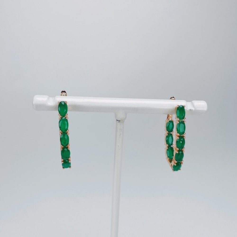 Emerald Green Elongated Hoop Earrings Rose Gold Plated